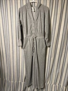 Women's velour Gray Hooded Button-Front Jumpsuit with Waist Tie